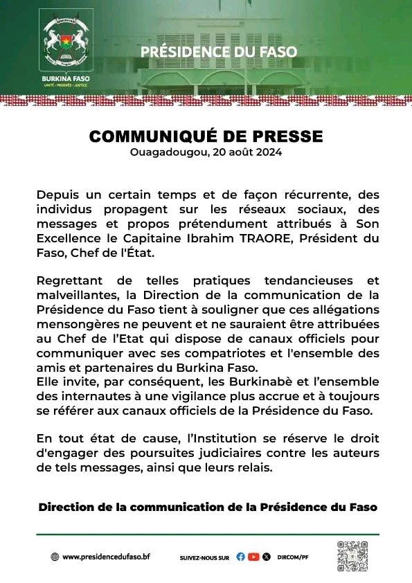 Propos mensongers attribués au chef de l’Etat : La Présidence du Faso met en garde 2