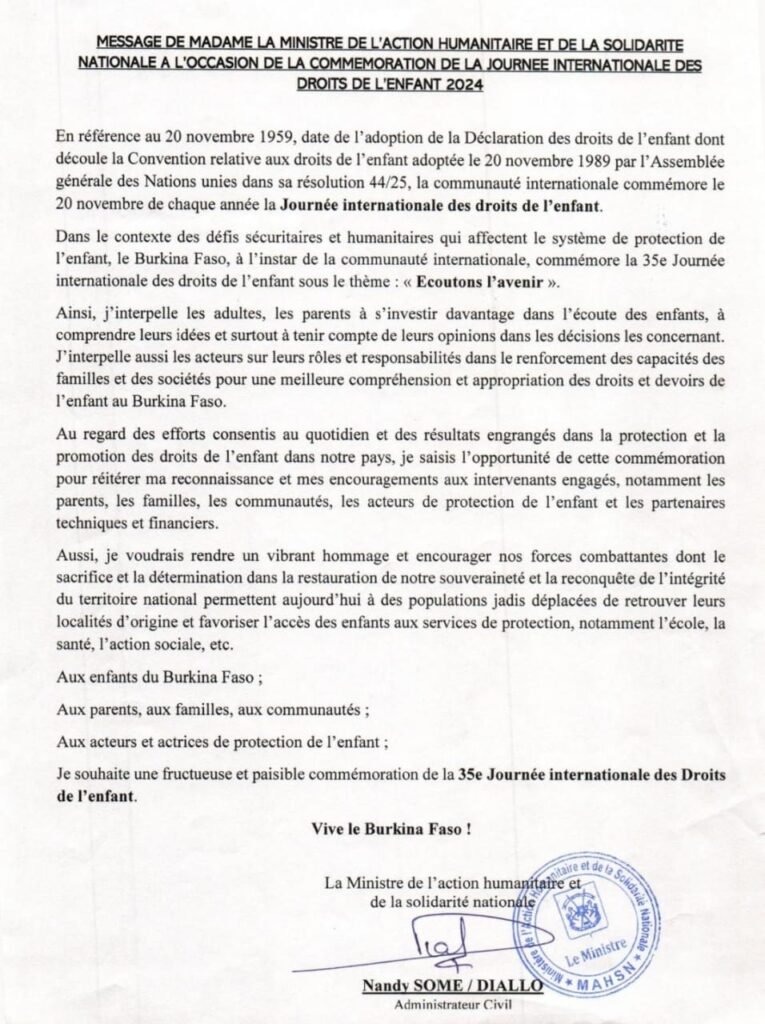 Journée international des droits de l’enfant : La Ministre Nandy Somé/Diallo interpelle tous à s’investir davantage dans l’écoute des enfants 2