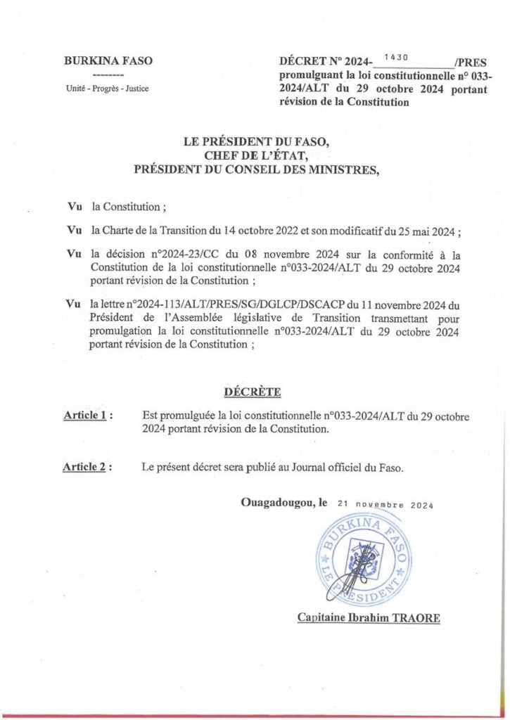 Burkina Faso : Le Président Ibrahim Traoré promulgue la révision constitutionnelle 2